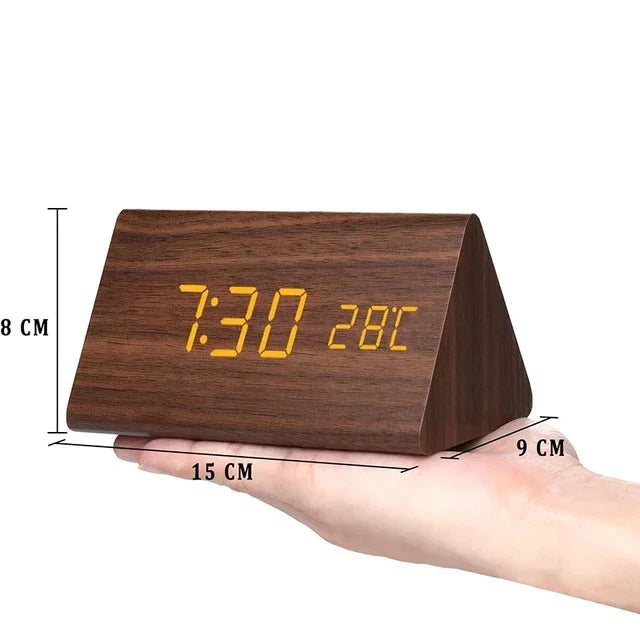 Voice-activated LED digital clock, modern design, ideal for home or office use.
