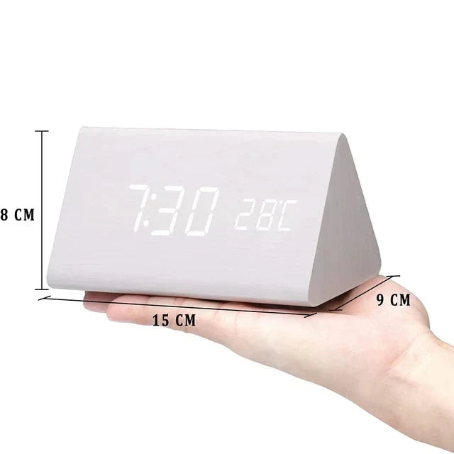 Contemporary smart alarm clock with voice control, LED display, and temperature.
