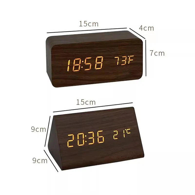Home office digital clock, voice-controlled LED display showing time and temperature.