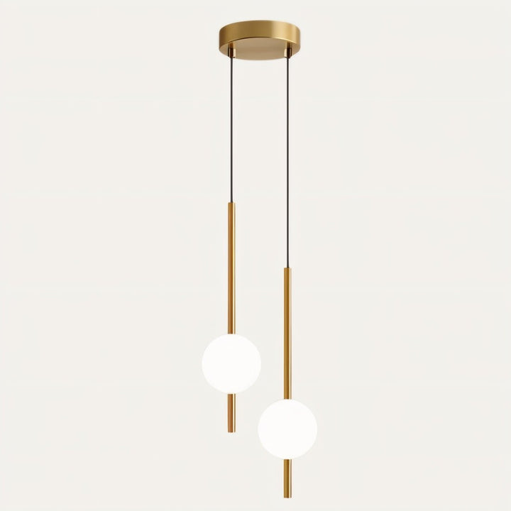 "Sleek glass ball Nordic pendant light with metal frame, LED bulb; available in black or brass, perfect for modern decor."