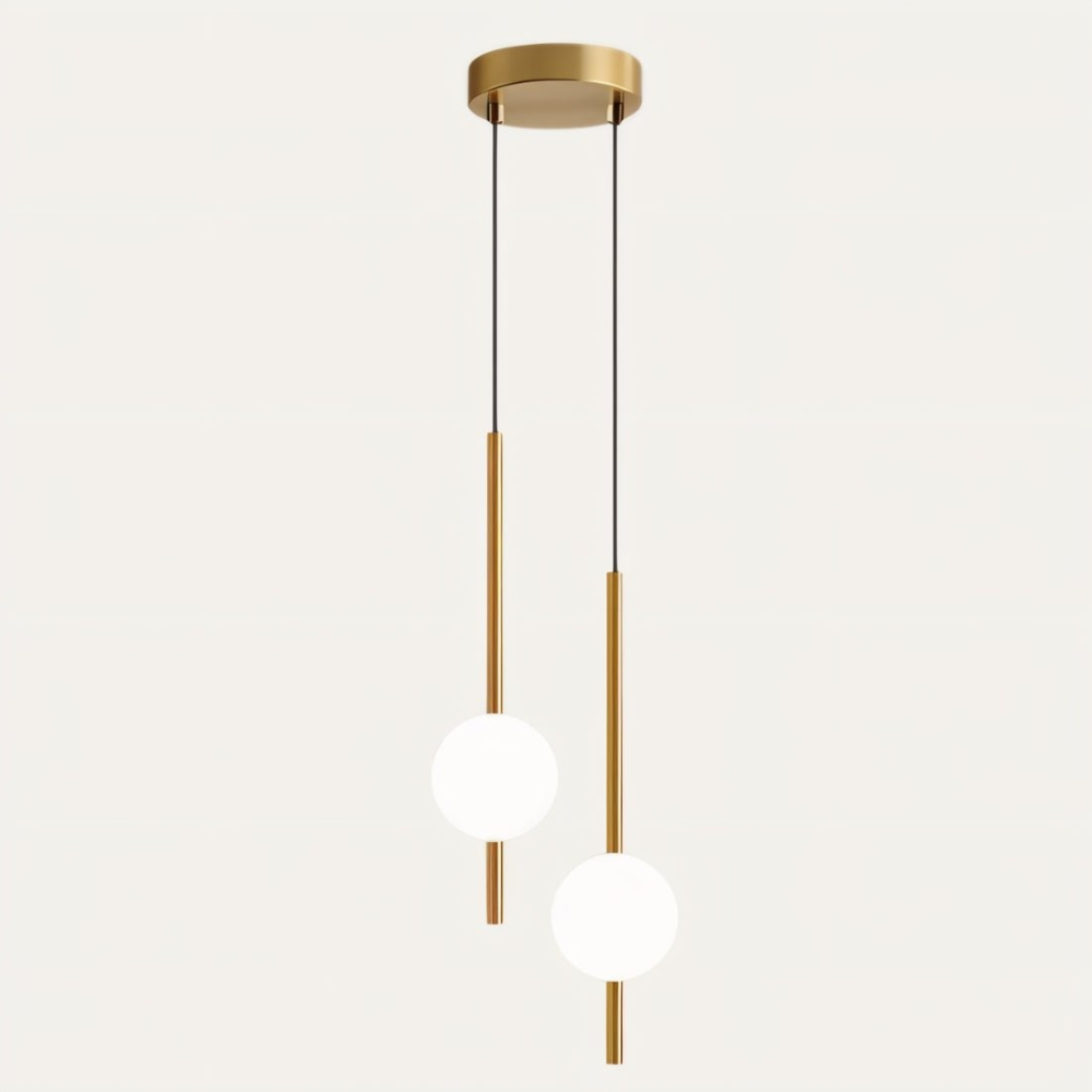 "Sleek glass ball Nordic pendant light with metal frame, LED bulb; available in black or brass, perfect for modern decor."