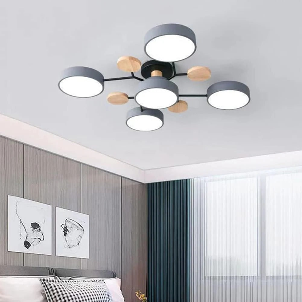 "Sleek modern halo LED semi-flush ceiling light, iron and acrylic build, perfect for contemporary living rooms or bedrooms."