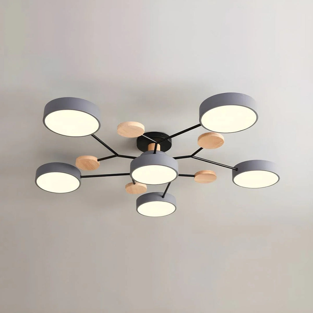 "Sleek modern halo LED semi-flush ceiling light, iron and acrylic build, perfect for contemporary living rooms or bedrooms."