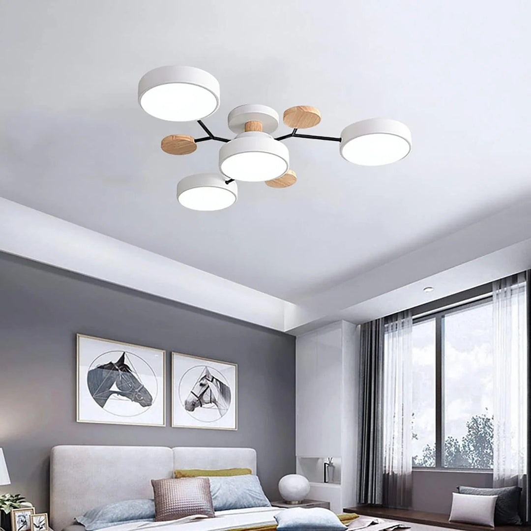 "Sleek modern halo LED semi-flush ceiling light, iron and acrylic build, perfect for contemporary living rooms or bedrooms."