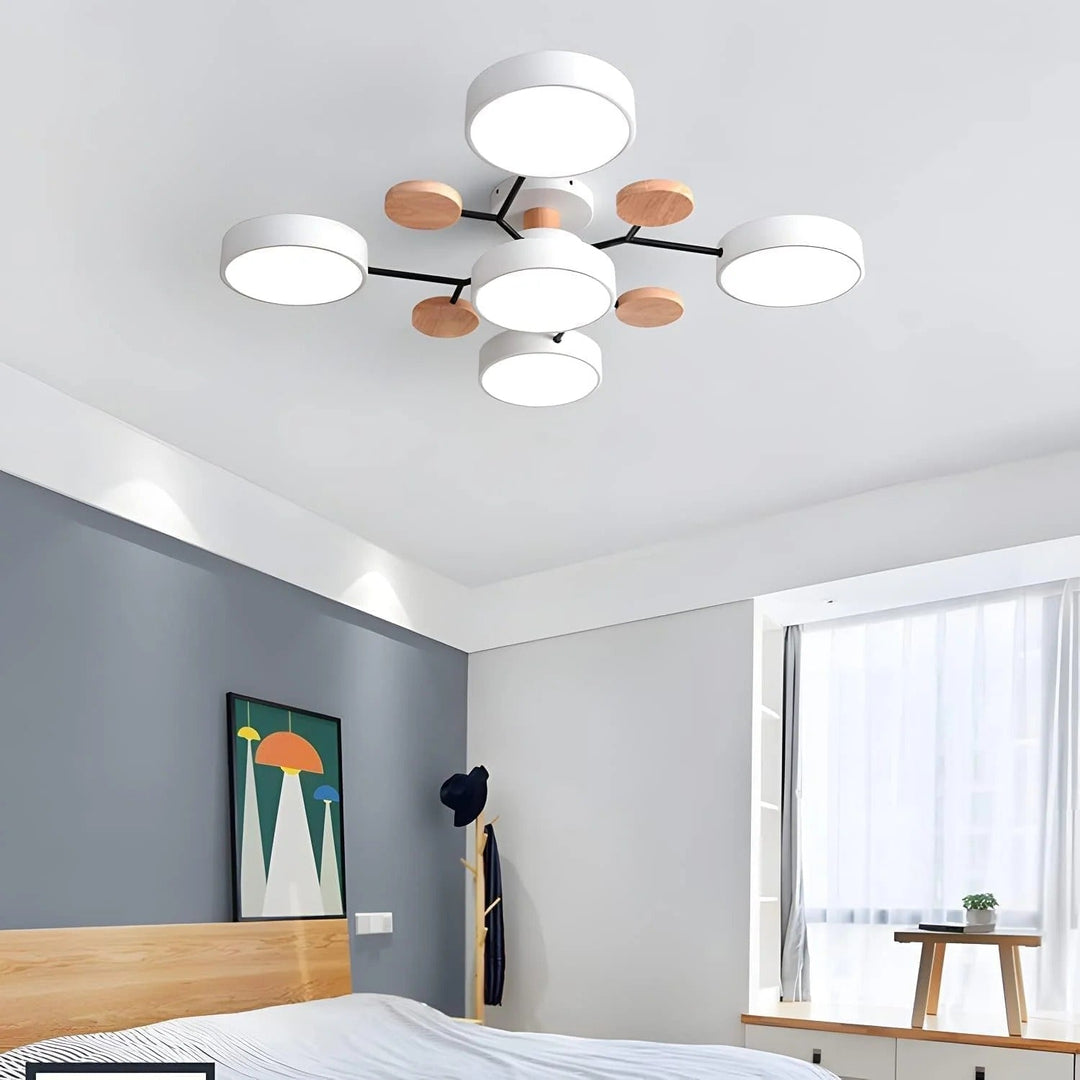 "Sleek modern halo LED semi-flush ceiling light, iron and acrylic build, perfect for contemporary living rooms or bedrooms."