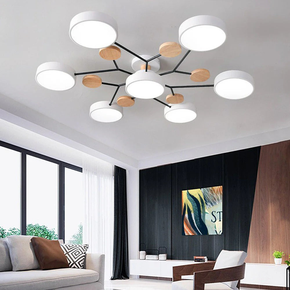 "Sleek modern halo LED semi-flush ceiling light, iron and acrylic build, perfect for contemporary living rooms or bedrooms."
