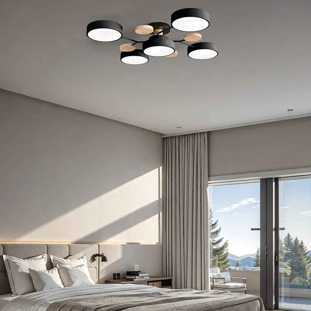 "Sleek modern halo LED semi-flush ceiling light, iron and acrylic build, perfect for contemporary living rooms or bedrooms."