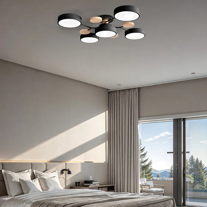"Sleek modern halo LED semi-flush ceiling light, iron and acrylic build, perfect for contemporary living rooms or bedrooms."