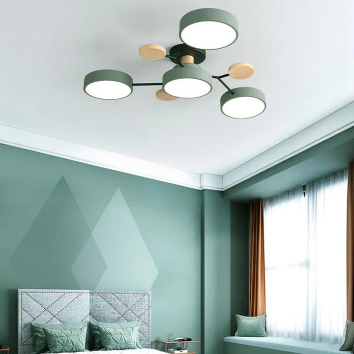 "Sleek modern halo LED semi-flush ceiling light, iron and acrylic build, perfect for contemporary living rooms or bedrooms."