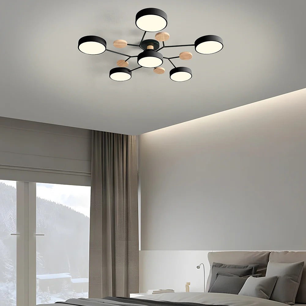 "Sleek modern halo LED semi-flush ceiling light, iron and acrylic build, perfect for contemporary living rooms or bedrooms."