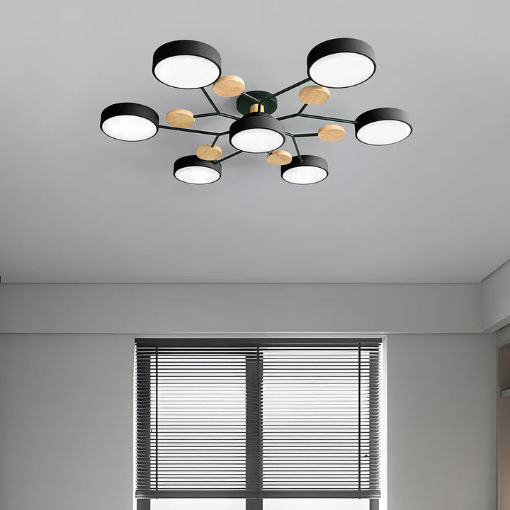 "Sleek modern halo LED semi-flush ceiling light, iron and acrylic build, perfect for contemporary living rooms or bedrooms."