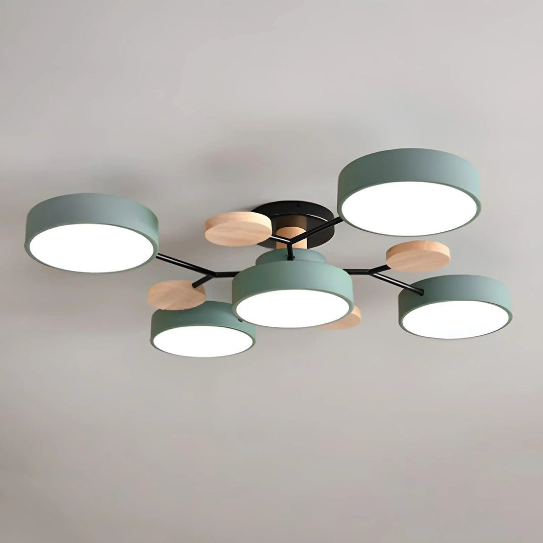 "Sleek modern halo LED semi-flush ceiling light, iron and acrylic build, perfect for contemporary living rooms or bedrooms."