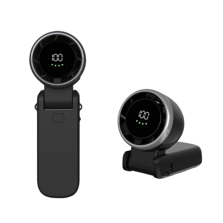 "Sleek portable turbo fan with adjustable speeds, foldable design, and lightweight build, perfect for instant cooling on-the-