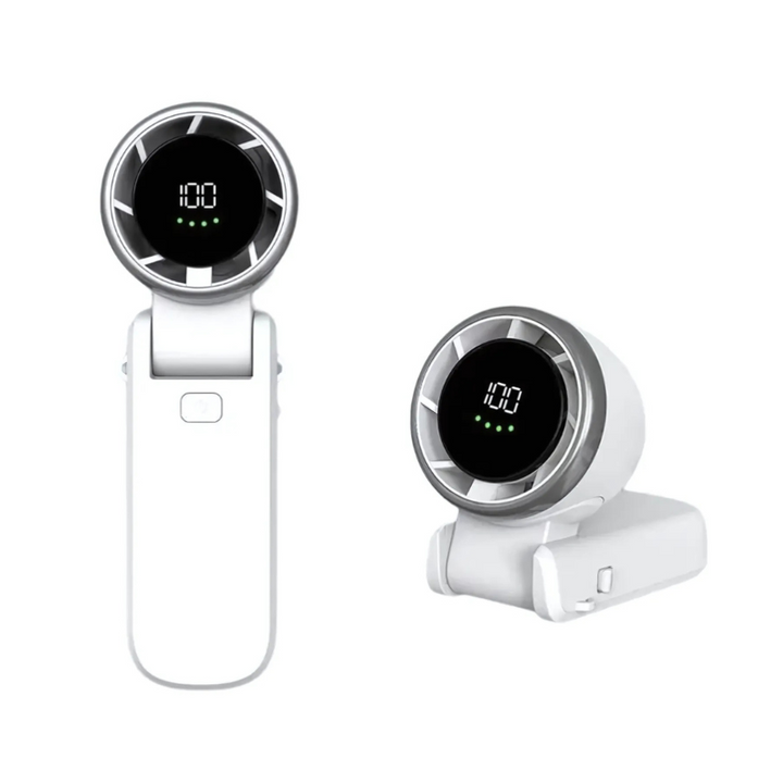 "Sleek portable turbo fan with adjustable speeds, foldable design, and lightweight build, perfect for instant cooling on-the-