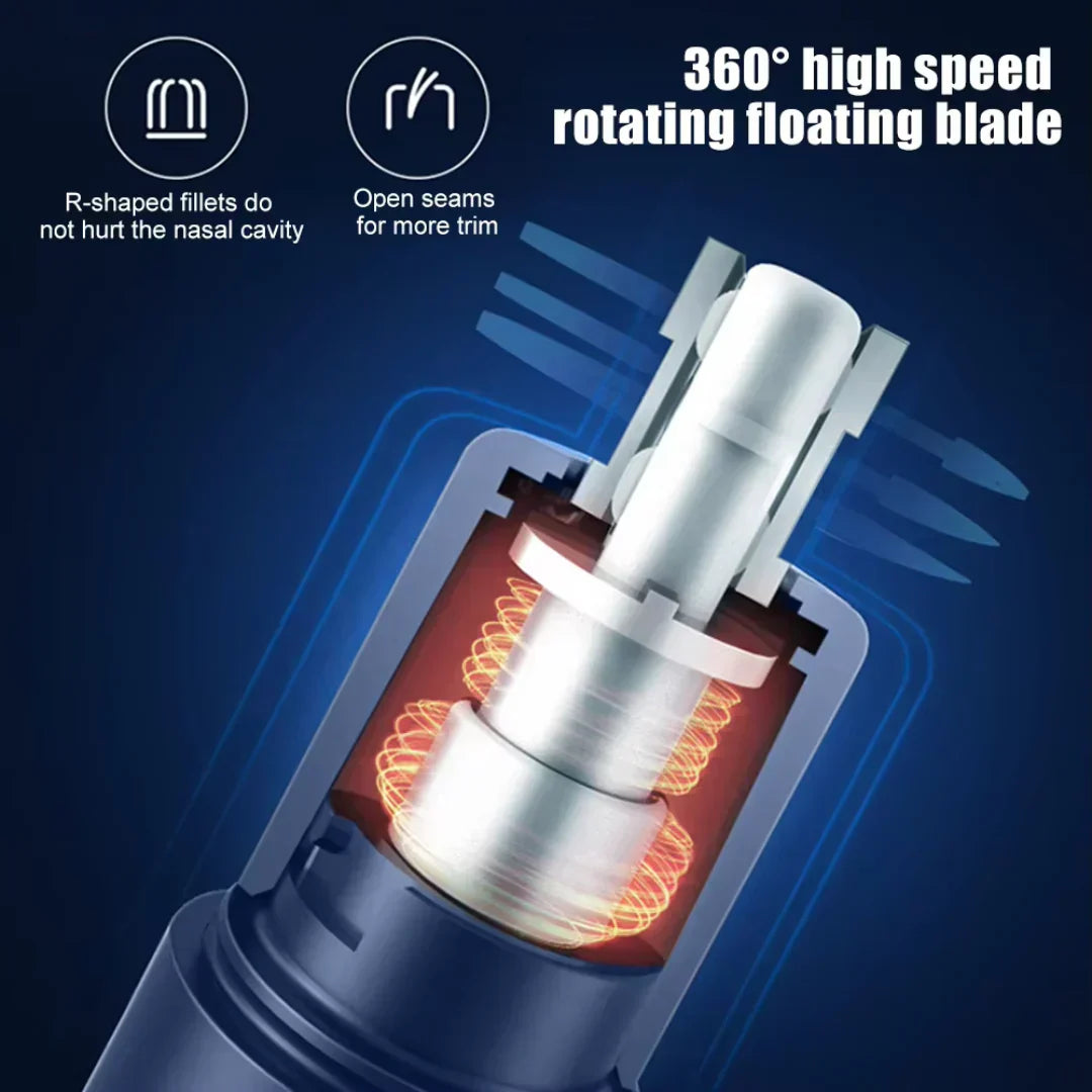 "Sleek rechargeable nose & ear trimmer for men, ergonomic design, powerful motor, dual-edge, cordless, travel-ready."