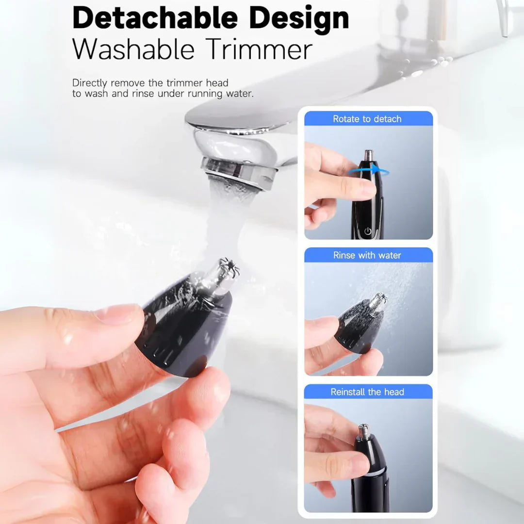 "Sleek rechargeable nose & ear trimmer for men, ergonomic design, powerful motor, dual-edge, cordless, travel-ready."