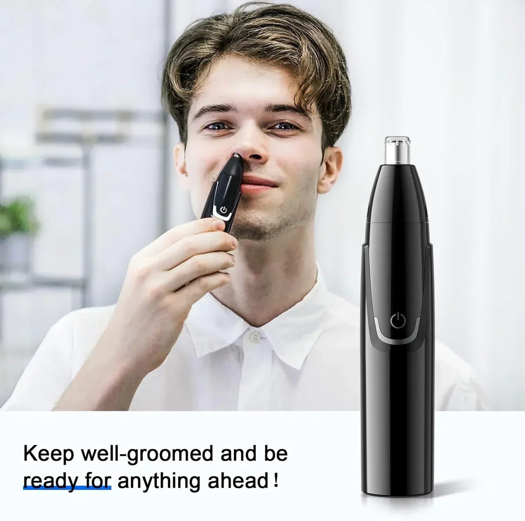 "Sleek rechargeable nose & ear trimmer for men, ergonomic design, powerful motor, dual-edge, cordless, travel-ready."