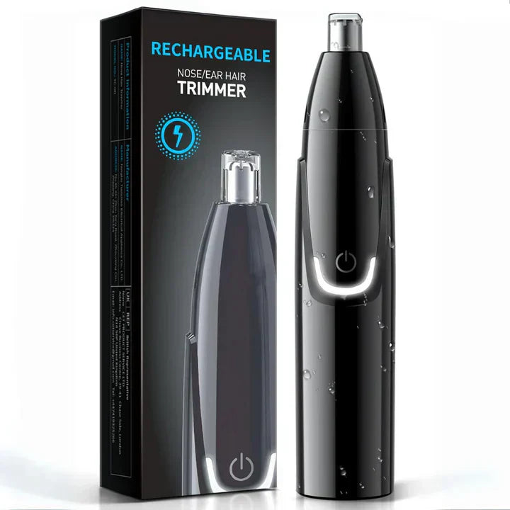 "Sleek rechargeable nose & ear trimmer for men, ergonomic design, powerful motor, dual-edge, cordless, travel-ready."