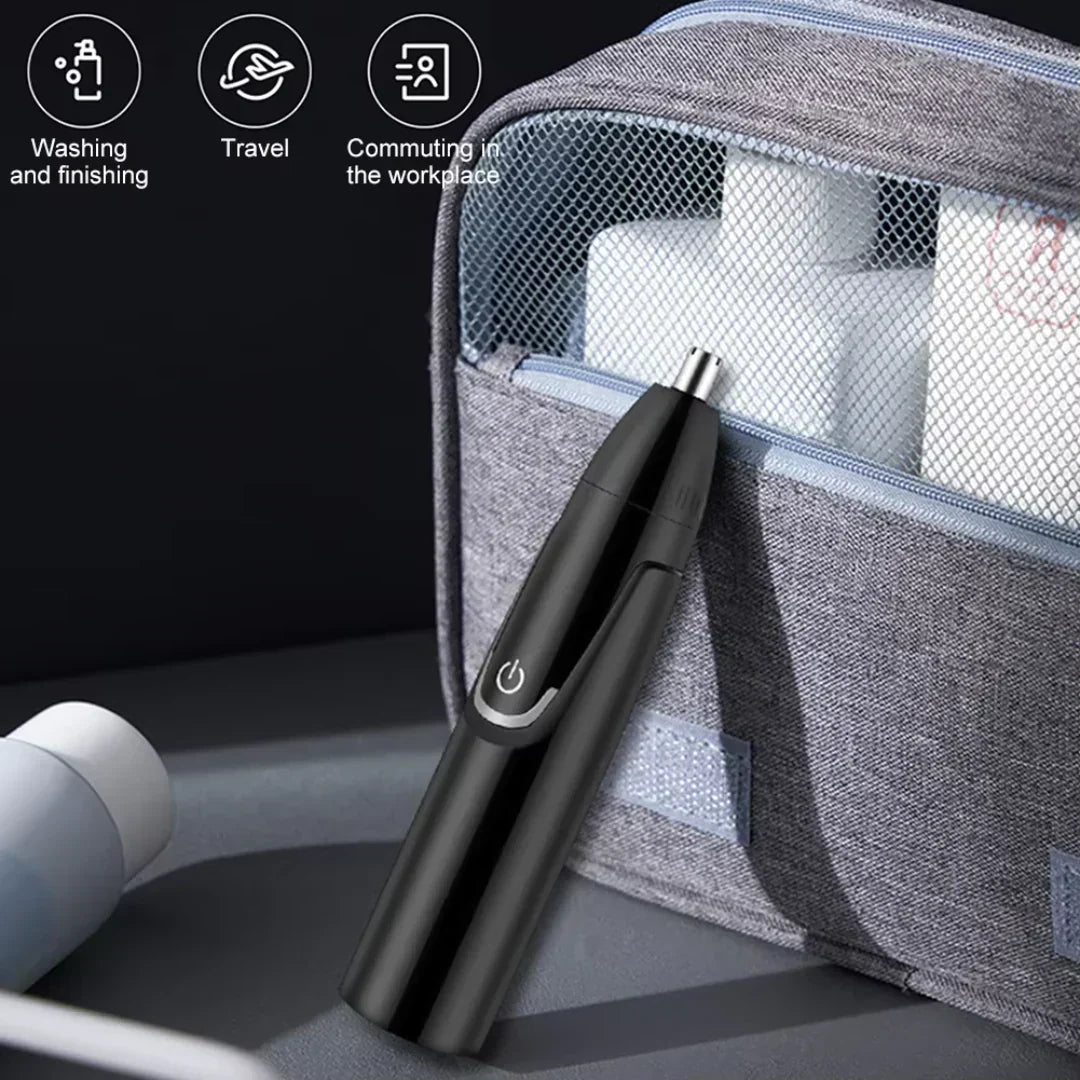 "Sleek rechargeable nose & ear trimmer for men, ergonomic design, powerful motor, dual-edge, cordless, travel-ready."