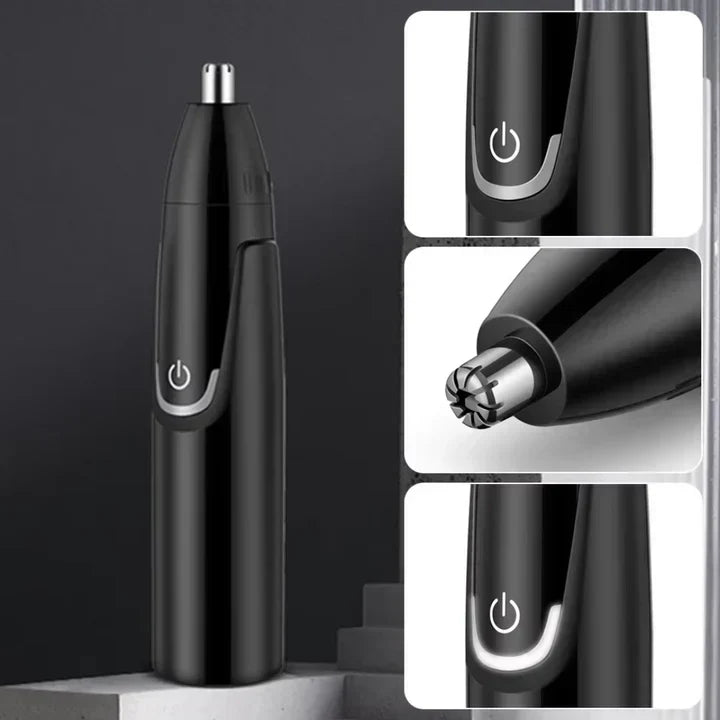 "Sleek rechargeable nose & ear trimmer for men, ergonomic design, powerful motor, dual-edge, cordless, travel-ready."