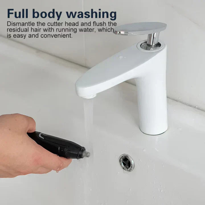 "Sleek rechargeable nose & ear trimmer for men, ergonomic design, powerful motor, dual-edge, cordless, travel-ready."