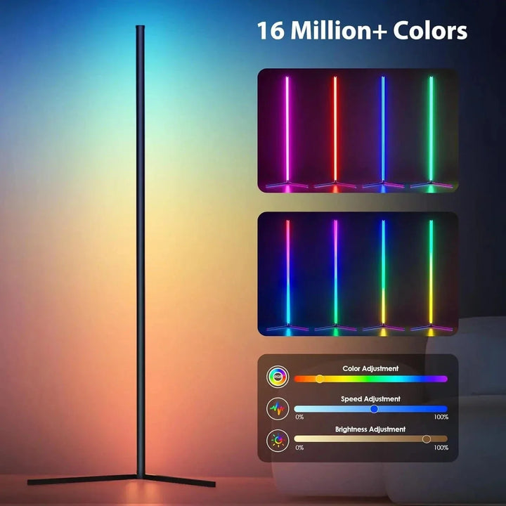 "Sleek RGB corner lamp with remote, minimalist design, vibrant colors, chrome finish, ideal for modern interiors."