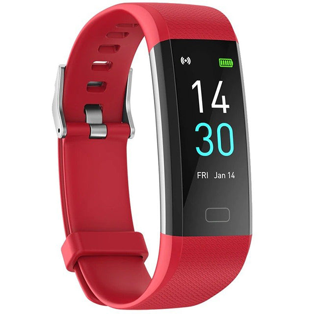 "Sleek smartwatch with optical sensors for heart rate, blood pressure tracking, black strap, rectangular touchscreen display.