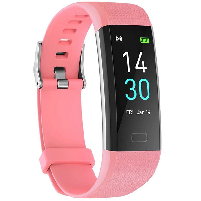 "Sleek smartwatch with optical sensors for heart rate, blood pressure tracking, black strap, rectangular touchscreen display.