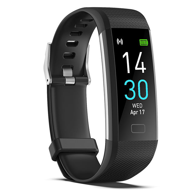 "Sleek smartwatch with optical sensors for heart rate, blood pressure tracking, black strap, rectangular touchscreen display.