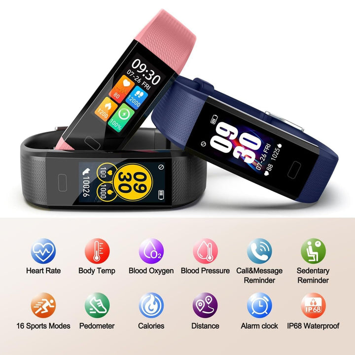 "Sleek smartwatch with optical sensors for heart rate, blood pressure tracking, black strap, rectangular touchscreen display.