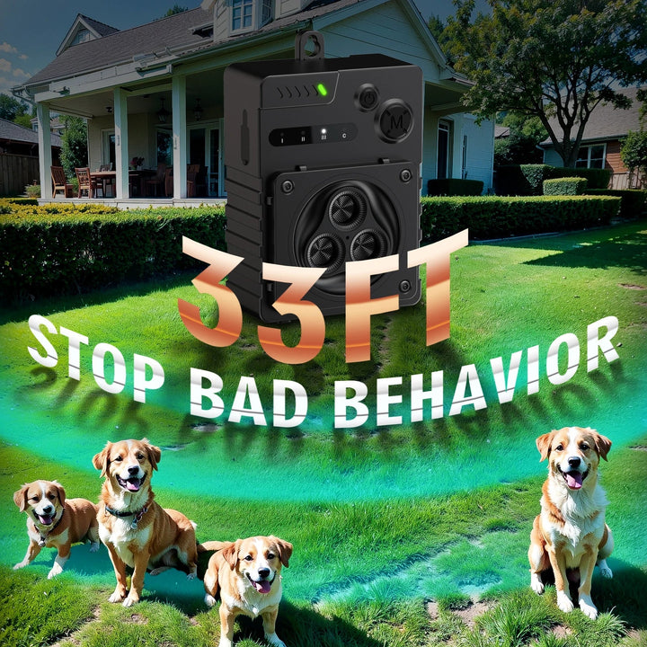 Sleek ultrasonic dog bark deterrent for indoor/outdoor use, compact design, weatherproof, ideal for pet training.