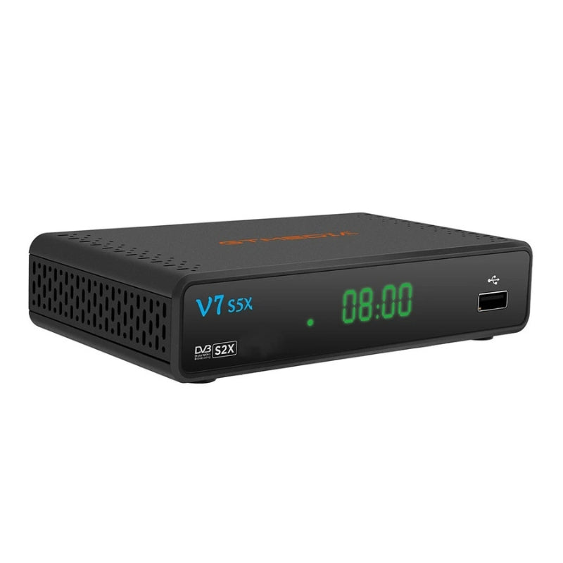 "Sleek V7 S5X HD Freeview Box Recorder, compact design, black finish, 1080p HD output, fits any living room setup."