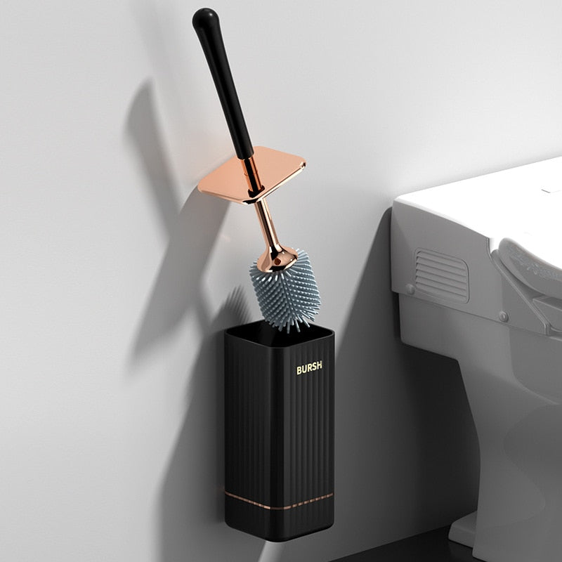 Modern wall-mounted toilet brush with discreet holder. Hygienic cleaning tool for a tidy bathroom.