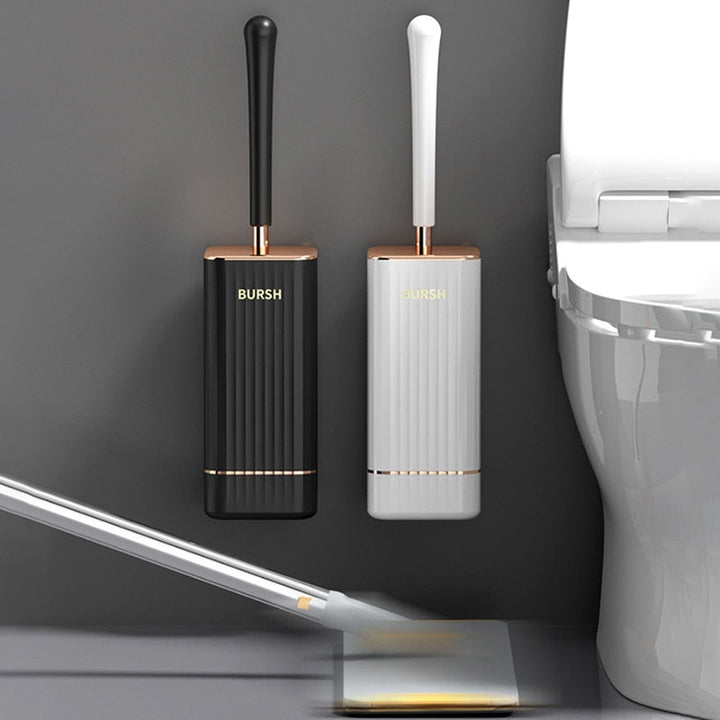 Space-saving wall-mounted toilet brush and holder for modern bathroom convenience and tidiness.