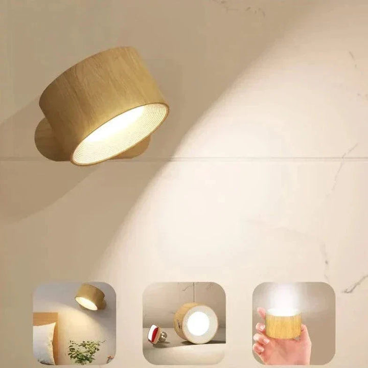 "Sleek wireless rechargeable wall light with magnetic mount and 360° rotation for modern home interiors."