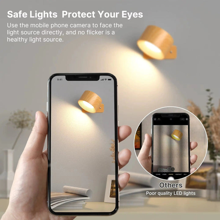 "Sleek wireless rechargeable wall light with magnetic mount and 360° rotation for modern home interiors."