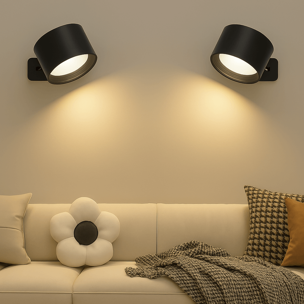 "Sleek wireless rechargeable wall light with magnetic mount and 360° rotation for modern home interiors."
