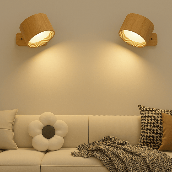 "Sleek wireless rechargeable wall light with magnetic mount and 360° rotation for modern home interiors."