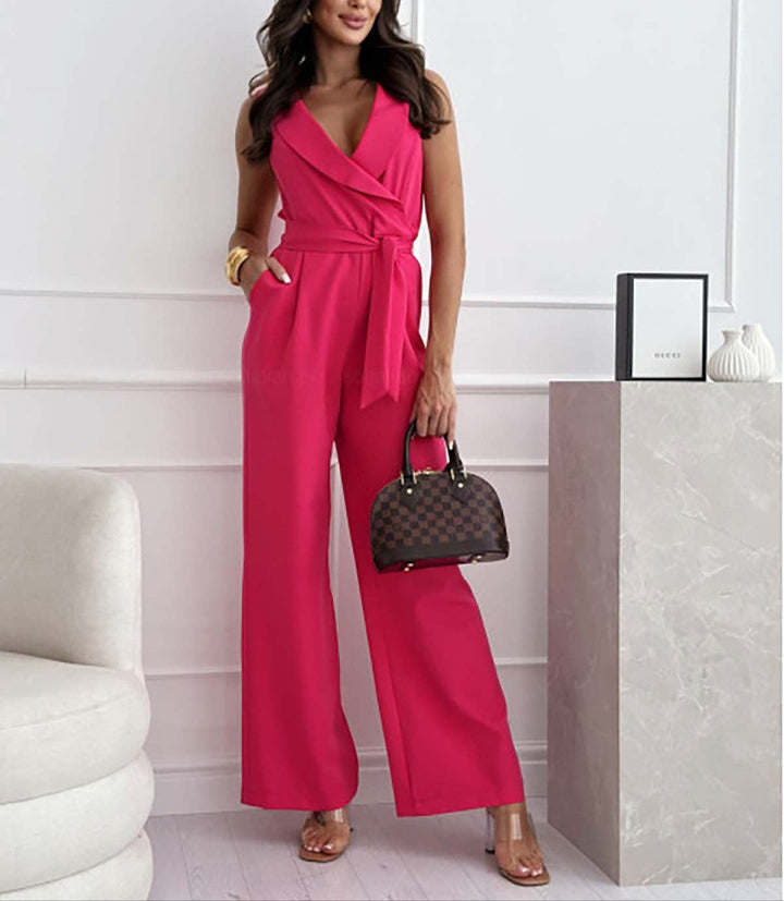 "Sleeveless wide-leg jumpsuit for women in black and pink with wrap design, perfect for versatile elegant occasions."