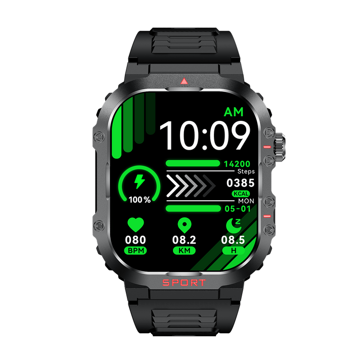 "Smart glucose watch tracks health metrics with sleek design and HD display, ideal for fitness and wellness enthusiasts."