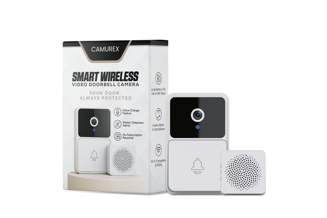 Smart wireless video doorbell camera with night vision, featuring sleek design and HD lens for enhanced home security.