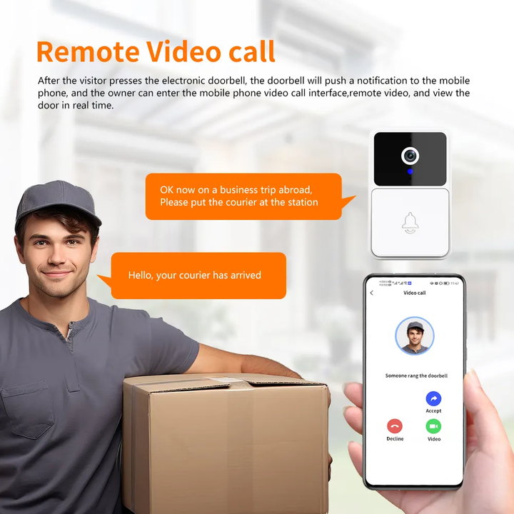 Smart wireless video doorbell camera with night vision, featuring sleek design and HD lens for enhanced home security.