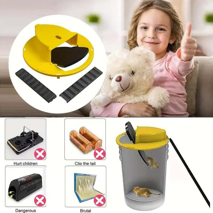 "SmartCatch hands-free mouse trap, automatic reset, child-safe, durable plastic, compact design, rodent control solution."