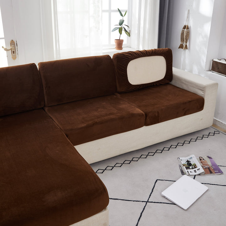 "Smoke velvet sectional sofa cover, snug fit, enhances decor, protects against stains and wear, ideal for pet-friendly homes.