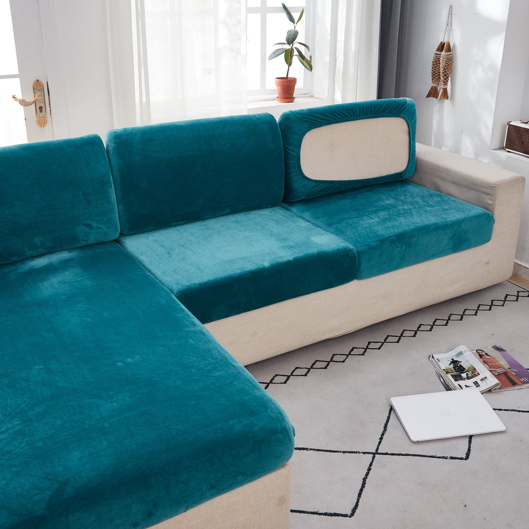 "Smoke velvet sectional sofa cover, snug fit, enhances decor, protects against stains and wear, ideal for pet-friendly homes.