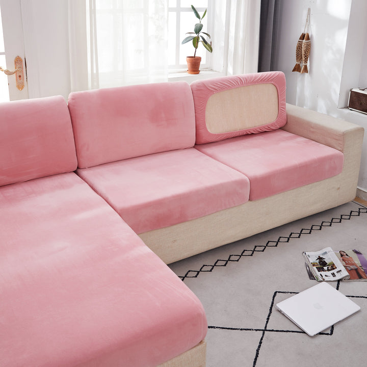 "Smoke velvet sectional sofa cover, snug fit, enhances decor, protects against stains and wear, ideal for pet-friendly homes.