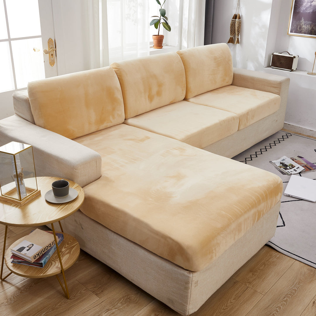 "Smoke velvet sectional sofa cover, snug fit, enhances decor, protects against stains and wear, ideal for pet-friendly homes.