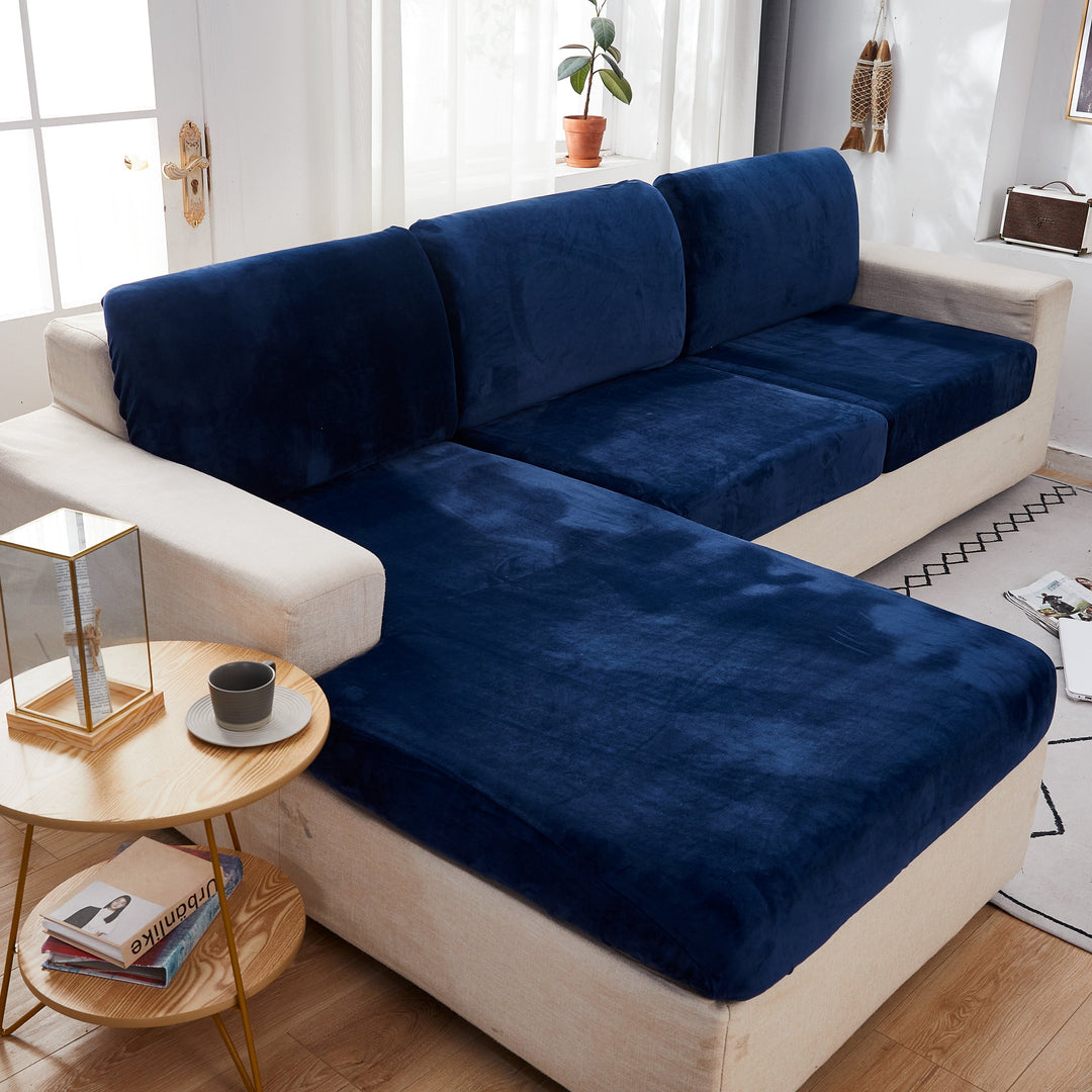 "Smoke velvet sectional sofa cover, snug fit, enhances decor, protects against stains and wear, ideal for pet-friendly homes.