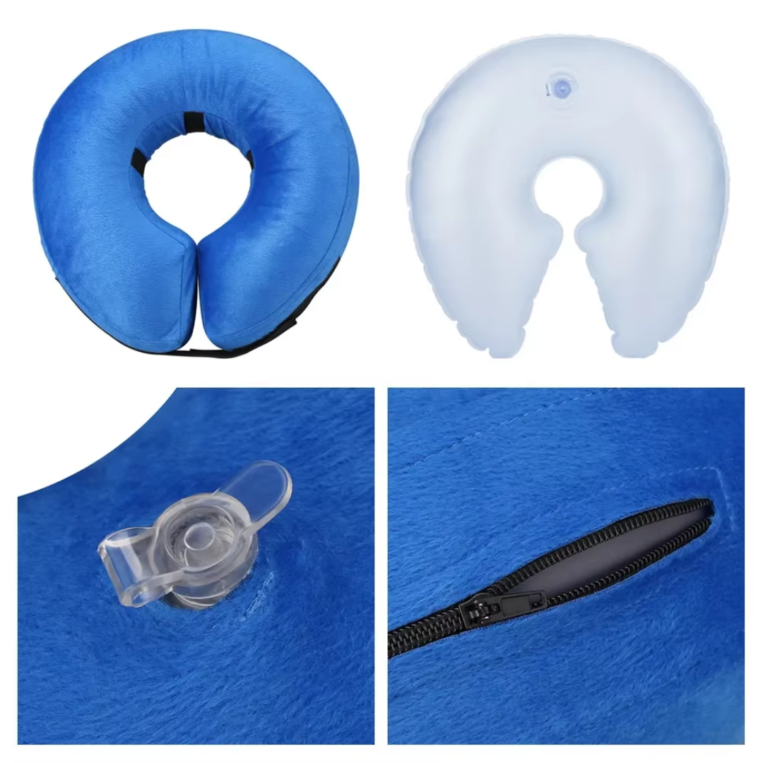 Protective inflatable dog collar, soft cone alternative for healing wounds after surgery.