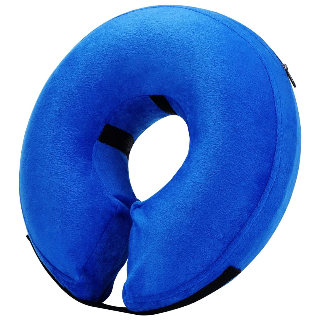 Adjustable inflatable dog recovery collar to prevent licking, aiding post-surgery healing.